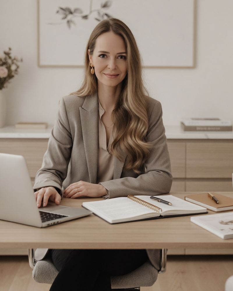 KI-generiertes Bild: Marina am Schreibtisch mit Notizbuch und Laptop
