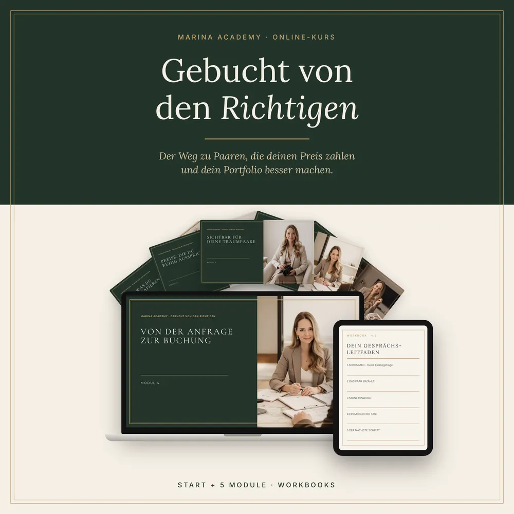 KI-generiertes Bild: Online-Kurs Gebucht von den Richtigen für Hochzeitsfotografie: Videokurs auf dem Laptop, Workbook auf dem Tablet
